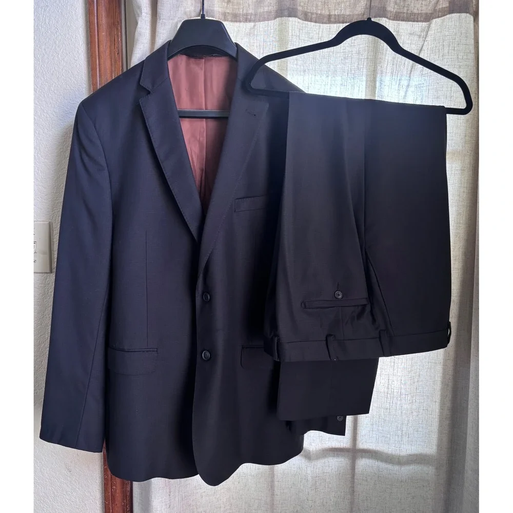 Jos A Bank Mens 44L Slim Fit Black 100% Wool‎ 2 Button Suit 39L Pants